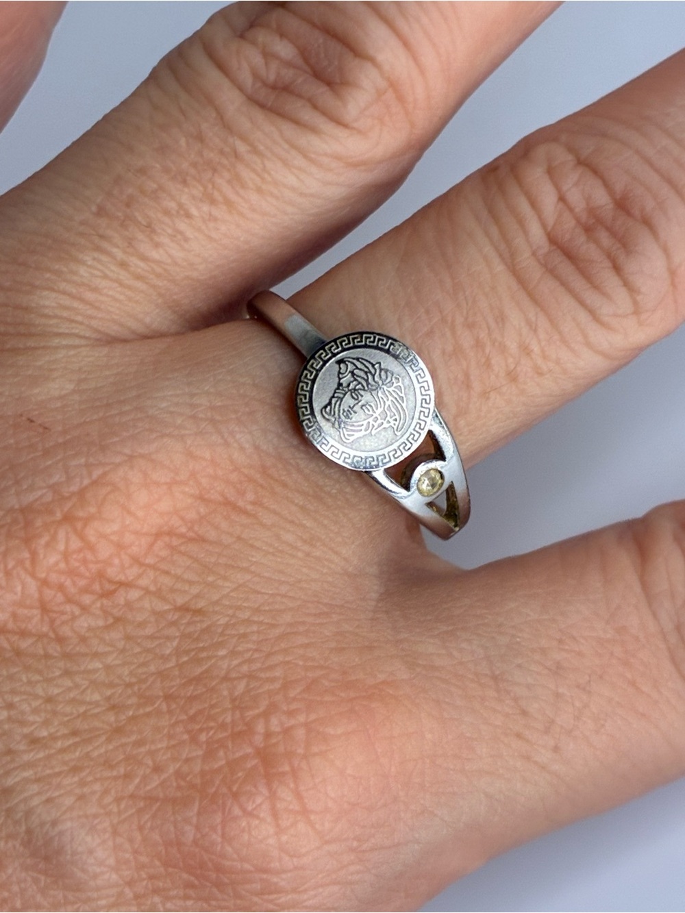Vintage Silver Medallion Medusa Signet Ring with Accent Stone - Size 9